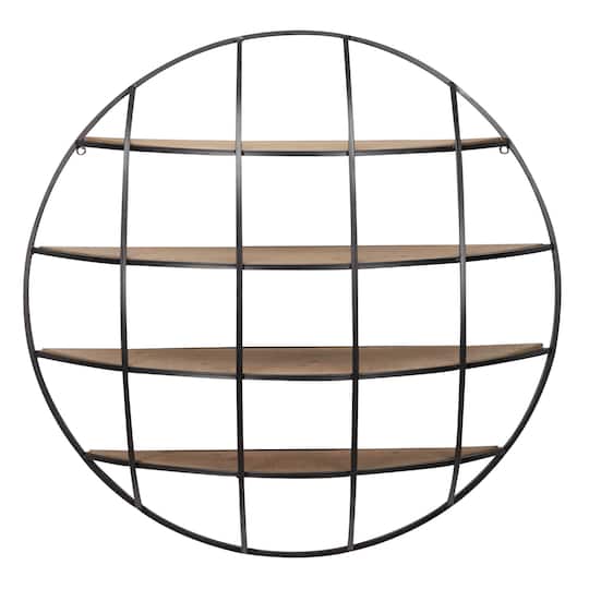 36" Light Brown Iron Round Wall Shelf Unit